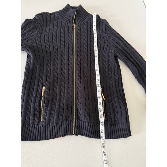 Lauren Ralph Lauren Black Cable knit Turtleneck Zip Cardigan Sweater M Holiday - Picture 6 of 7